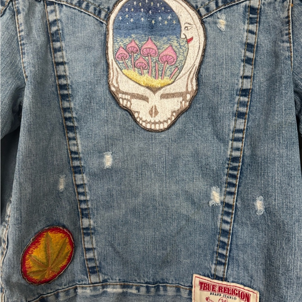 True Religion Blue Denim Jacket with Colorful Patches - Picture 8 of 10